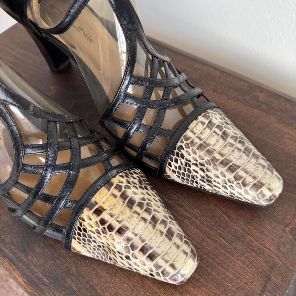 Y2K Vintage Cage Snakeskin Heel Size 11 Cutout Black Cream Leather
